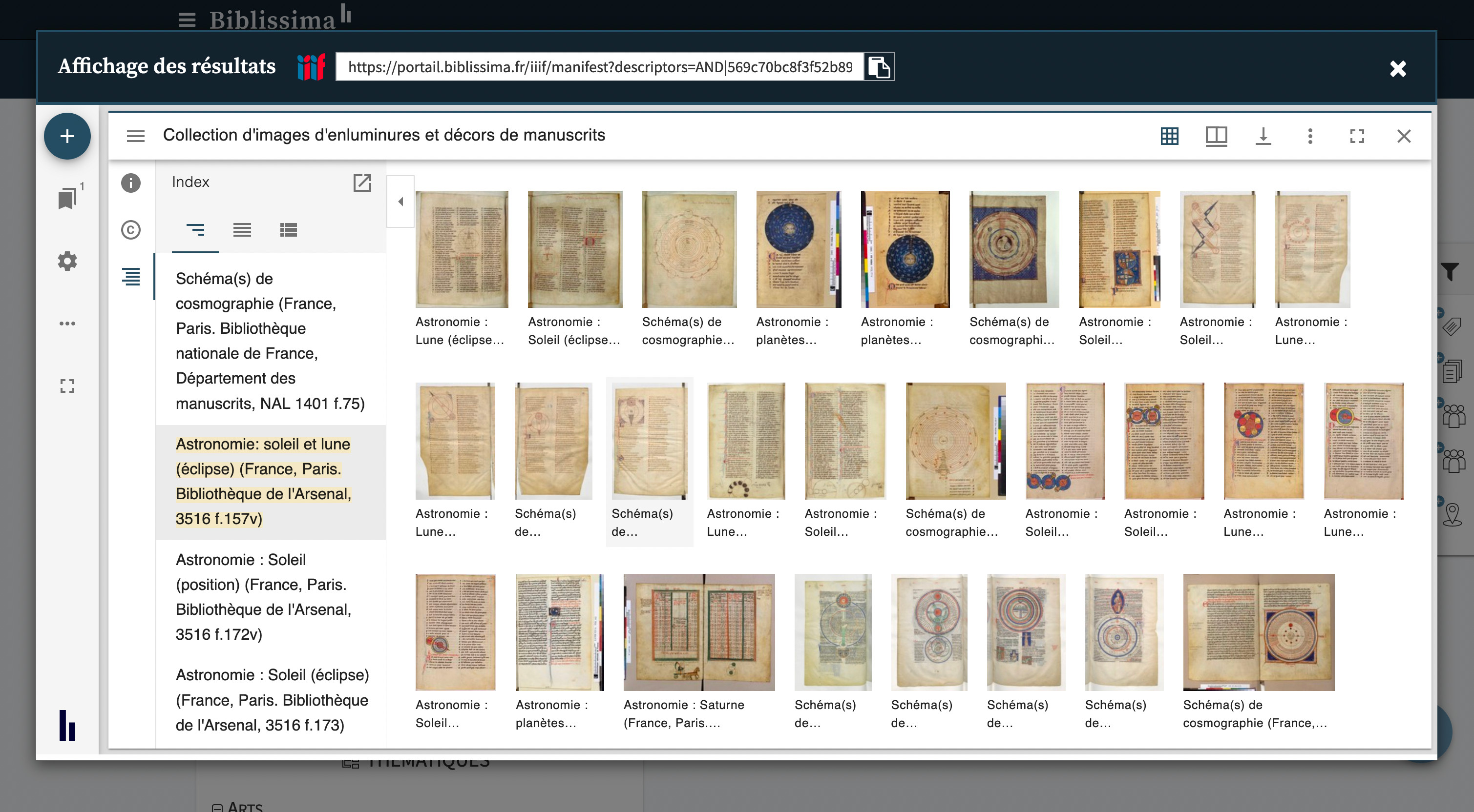 Mirador dans l'interface de recherche iconographique du portail Biblissima