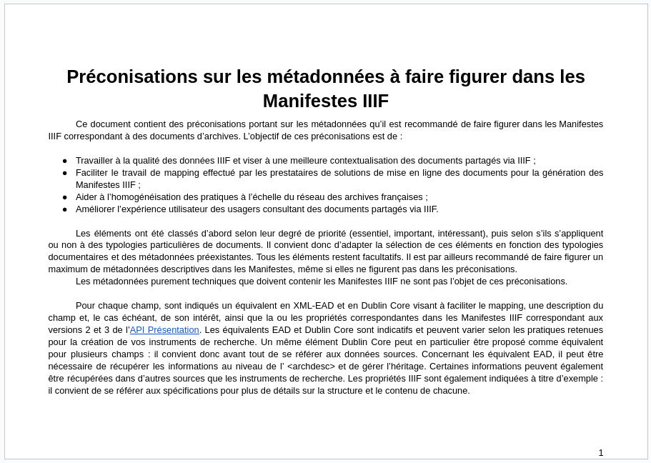 Capture d'écran du fichier de préconisation sur les métadonnées